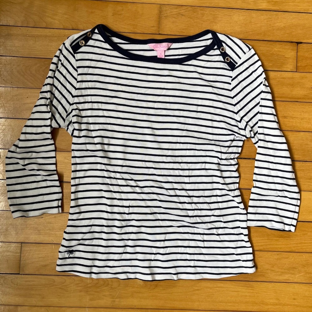 Lilly Pulitzer Etta Navy White Striped 3/4 Sleeve Boat Neck Button Top Small